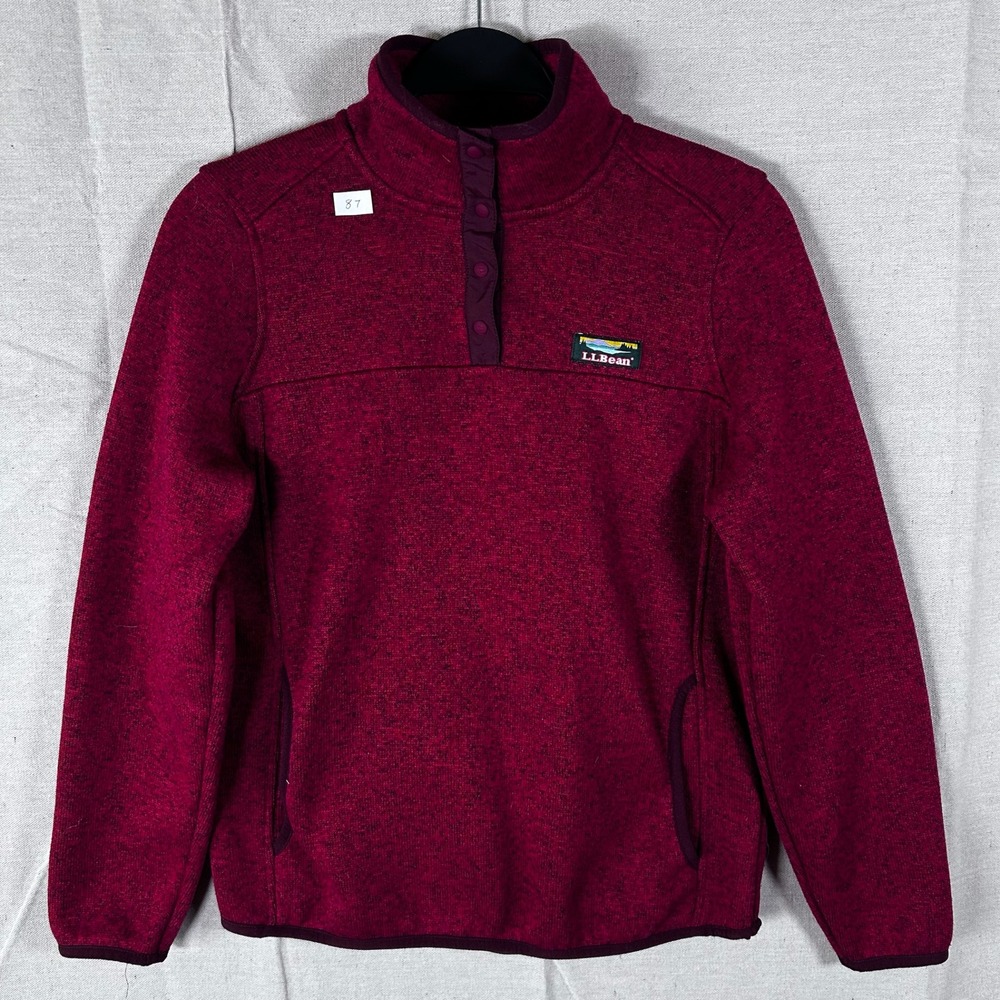 LL Bean Sweater Fleece Pullover Snap Neck Dark Red Heather 503356 Small Petit